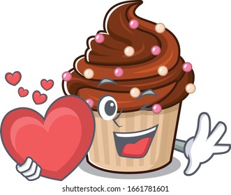 Romantic chocolate cupcake cartoon picture holding a heart