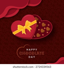 Un romántico Anuncio del Día del Chocolate con una caja abierta en forma de corazón llena de chocolates y un lazo de cinta amarilla sobre un fondo de remolino decorativo rojo oscuro.
