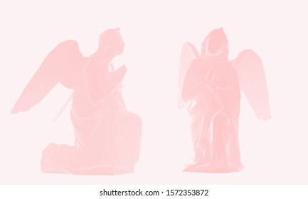 Romantic Christmas Angel. Set of Pink Angels on Feminine Background. Low Poly Valentines Vector 3D Rendering
