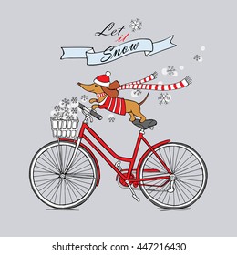 Romantic Christmas card with a cartoon picture of a dog Dachshund in jersey, scarf, Santa hat on a bicycle. Snowflakes in the basket. Vector illustration.