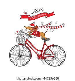 Romantic Christmas card with a cartoon picture of a dog Dachshund in jersey, scarf, Santa hat on a bicycle. Snowflakes in the basket. Vector illustration.