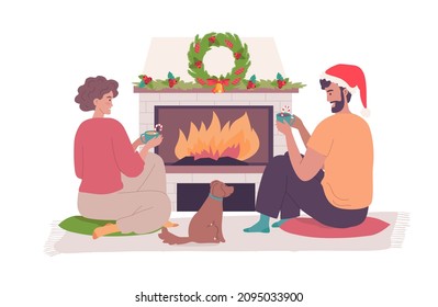 Romantic Christmas at the fireplace. Young family with a puppy celebrating Christmas together