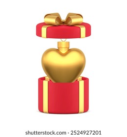 Romantic Christmas luxury surprise golden heart bauble in pack 3d icon realistic vector illustration. Premium Xmas New Year metallic present toy in red gift box with bow greeting winter holiday decor