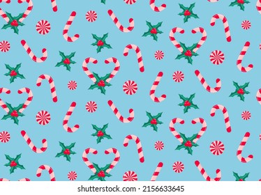 Romantic Christmas pattern with candy canes, holly leaves and berries, peppermint swirl candies.