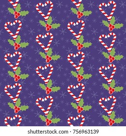 Romantic Christmas pattern with candy canes and mistletoe