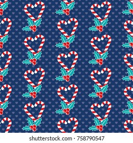 Romantic Christmas pattern with candy canes and mistletoe