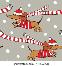 Romantic Christmas Seamless pattern with cartoon picture of a dog Dachshund in red jersey, scarf, Santa hat on gray snowflakes background. Vector illustration.