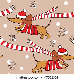 Romantic Christmas Seamless pattern with cartoon picture of a dog Dachshund in red jersey, scarf, Santa hat on beige snowflakes background. Vector illustration.