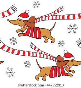 Romantic Christmas Seamless pattern with cartoon picture of a dog Dachshund in red jersey, scarf, Santa hat and Snowflakes. Vector illustration.