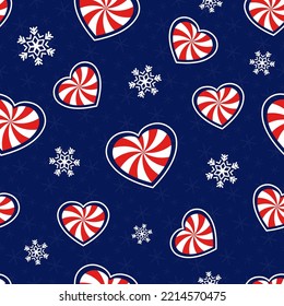 Romantic Christmas. Seamless vector illustration with snowflakes and heart-shaped candy canes. Winter backdrop