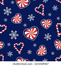 Romantic Christmas. Seamless vector illustration with snowflakes and heart-shaped candy canes. Winter backdrop