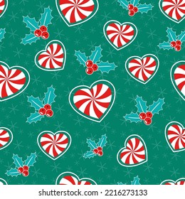 Romantic Christmas. Seamless vector illustration with mistletoe and heart shaped candy canes. Winter backdrop