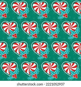 Romantic Christmas. Seamless vector illustration with mistletoe and heart shaped candy canes. Winter backdrop