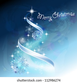 Romantic Christmas tree with snowflakes and ribbons in blue background