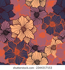 Romantic chrysanthemum bloom periodic design. Organic floral ornament. Poppy flower with lined petals. Tablecloth print. Garden blossom rustic seamless pattern stencil vector.