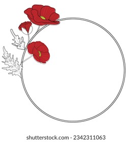 Romantic circle frame with red poppies. Floral wreath for labels, branding business identity, wedding invitation.  Elegant logo template. Vector illustration.