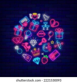Romantic circle layout with romantic icons. Happy Valentines Day signboard. Wedding design. Holiday celebration advertising. Luminous poster. Heart, present and music. Vector stock illustration