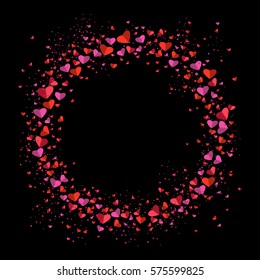 Romantic circle of small and big flat hearts on black background. Valentine card. Congratulation enamored day. Beautiful love confession. Vector illustration