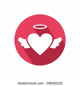 Romantic circular red winged heart icon with a long shadow and halo symbolising romance and love on Valentines Day wedding anniversary or engagement