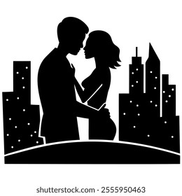 A romantic city skyline with a kissing couple silhouette, perfect for decor, invitations, or designs. This minimalist vector captures love and urban charm in one artistic piece.