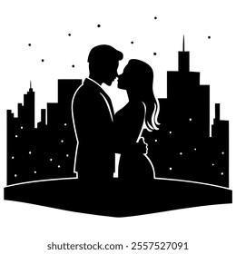 A romantic city skyline with a kissing couple silhouette, perfect for decor, invitations, or designs. This minimalist vector captures love and urban charm in one artistic piece.