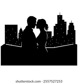 A romantic city skyline with a kissing couple silhouette, perfect for decor, invitations, or designs. This minimalist vector captures love and urban charm in one artistic piece.