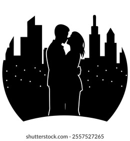 A romantic city skyline with a kissing couple silhouette, perfect for decor, invitations, or designs. This minimalist vector captures love and urban charm in one artistic piece.