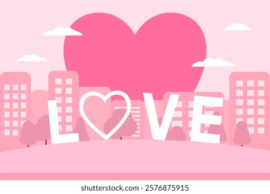 A romantic cityscape illustration with a pink heart, modern buildings, trees, and bold “LOVE” text. Ideal for Valentine’s Day designs, wedding invitations, or romantic-themed promotions.