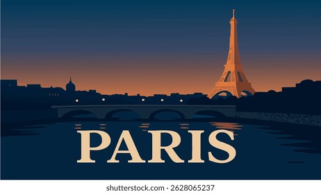 A romantic cityscape of Paris by night, featuring the Eiffel Tower illuminated against the backdrop of the Seine River and the sparkling city lights