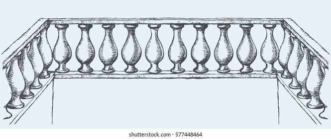 Romantic classic elegant outdoor element. Carving bannister on old parapet isolated on white backdrop. Freehand outline ink hand drawn picture sketchy in art doodle style pen on paper