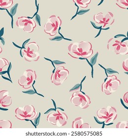 Romantic classic elegant pastel pink flowers watercolor hand painted style seamless vector pattern