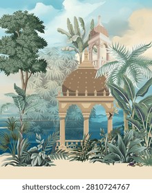 Romantic classical garden featuring peacock, bird, floral vase with lake and architectural landscape illustration
