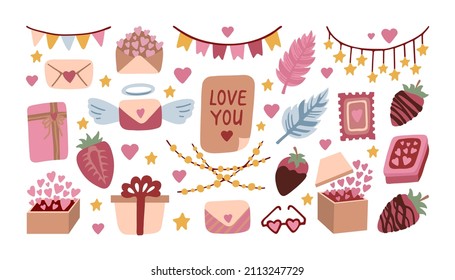 Romantic clipart collection in flat style. Vector illustration, valentine's day doodle.