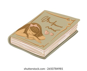 Romantic closed book in cartoon doodle style. Hand drawn green vector illustration of hardcover notebook with love story theme. Ideal for book card design or education project and reading concept.