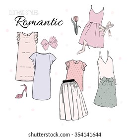 Romantic clothing styles, set of clothing. Vector hand drawn collage of women clothing and accessories and shoes isolated on white background