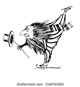 Romantischer Clown mit einem Hut. Clown auf Schlittschuhen mit einem Stock und einem Hut. Cartoon-Illustration. Skizze.