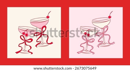 Romantic Cocktail Glass Vector with Cherries and Bows. Minimal Line Art Coquette Aesthetic
