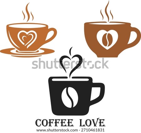 Romantic coffee cup icon set featuring heart-shaped latte art and coffee bean mug designs, perfect for cafés, branding, stickers, and modern beverage graphics.