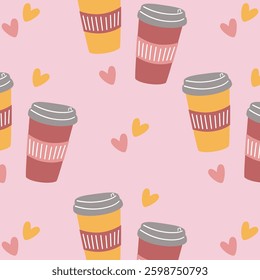 Romantic coffee cup seamless pattern, vector illustration with hand-drawn doodle hearts for cafe decor