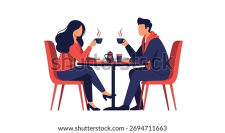 Romantic coffee date illustration of a couple sitting at a table in a cafe, enjoying their drinks and conversation.