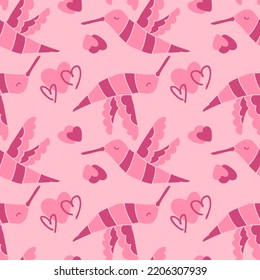 Romantic colibri birds and hearts seamless pattern. Perfect retro print for tee, paper, fabric, textile. Hand drawn vector illustration for decor and design.

