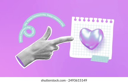 Romantic collage with 3d futuristic heart and halftone hand pointing on love message. Inflated chrome amour symbol. Valentine's day composite banner. Vector illustration. Social media concept.