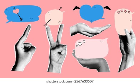 Romantic collage with speech bubbles for Valentine's Day. Vector halftone retro collage. 
