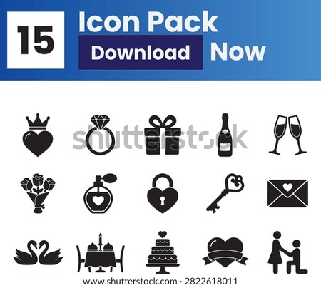 A romantic collection of 15 Valentine couple and love-themed black silhouette icons featuring kissing couples, proposals, heart balloons, roses, love letters, rings, gifts, and other romantic symbols.