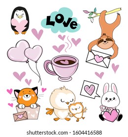 Romantic collection of animals penguin, hare, sloth, cat and owls on a white background. Valentine's day collection. Vector illustration of animal isolated