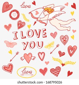 Romantic collection with Cupid and hearts, vector