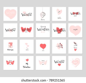 Romantic Collection of Cute Hand Drawn Abstract Valentine's Day Cards. Trendy backgrounds for greeting cards, headers, invitations, gift paper, posterts, banners, brochures, web. Vector Illustrations