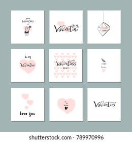 Romantic Collection of Cute Hand Drawn Abstract Valentine's Day Cards. Trendy backgrounds for greeting cards, headers, invitations, gift paper, posterts, banners, brochures, web. Vector Illustrations