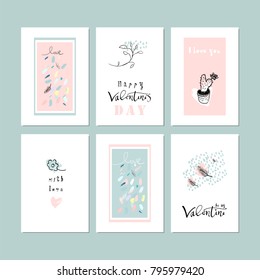 Romantic Collection of Cute Hand Drawn Abstract Valentine s Day Cards. Trendy backgrounds for greeting cards, headers, invitations, gift paper, posterts, banners, brochures, web. Vector Illustrations
