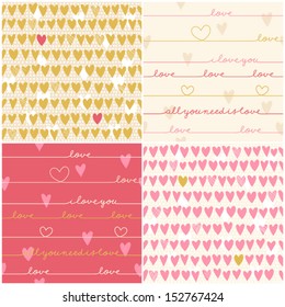 Romantic collection of cute patterns. Set of backgrounds with love words and hearts. Love note. Wedding invitation